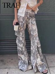 Jeans femme TRAF automne nouvelle mode rétro femmes gris imprimé poche taille haute décontractée marchandises pantalons femmes pantalons longs J240217