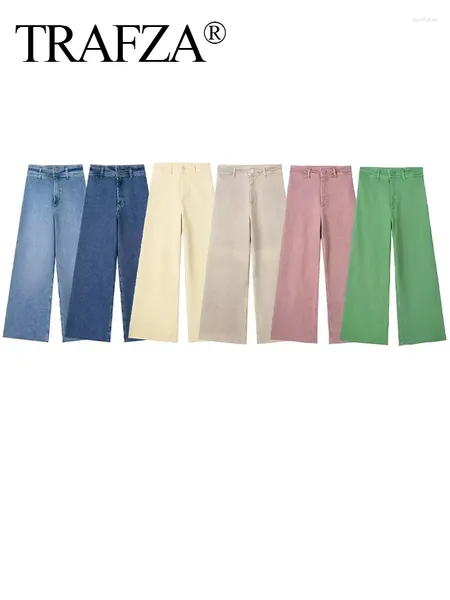 Jeans pour femmes Trafza 2024 femmes Fashion haute taille vintage de couleur solide bouton de couleur décorer pantalon féminin de jambe droite décontractée pantalon