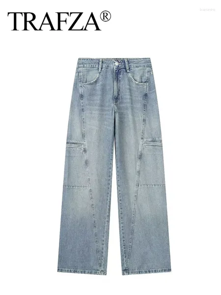 Jeans para mujer TRAFZA Otoño suelto Jean Mujer 2024 Moda Sólido Media cintura Botón Bolsillos Decorar Cremallera Mujer Streetwear Estilo Pierna ancha