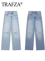 Jeans pour femmes TRAFZA Femme Fashoin Casual Bleu Baggy Ripped Denim Pantalon Femme Vintage Taille Haute Jambe Large Y2K Pantalon Mujer