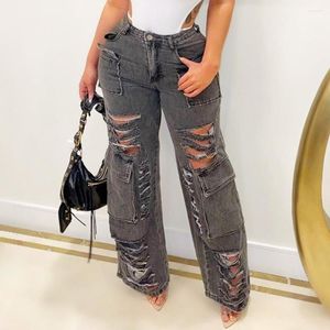 Jeans pour femmes Trendy Straight Ripped Femmes Denim Cargo Pantalon Coupe Trou Détruit Pantalon à jambe large Femme Boyfriend Mode Hip Hop