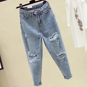 Jeans pour femmes à la mode d'été femmes lavés pantalon en jean lâché la longueur de la cheville pantalon de taille haute