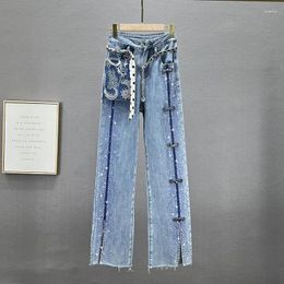 Calças de brim femininas 2023 primavera outono denim cintura alta solta jean pesado bordado perfuração calças largas perna
