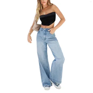 Pantalones Vaqueros De Mujer Pantalones De Mezclilla Rectos De Pierna Ancha Transpirables Todo Fósforo con Bolsillos para Vacaciones Citas Fiestas Compras Informales