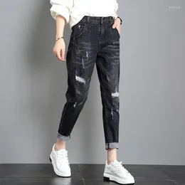 Pantalon en jean noir déchiré pour femme, taille haute, avec poches, trous, Denim d'été, Style coréen, bureau, Emo