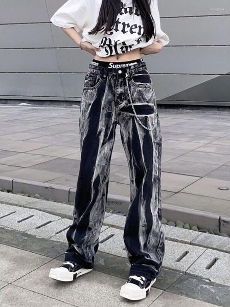 Pantalon en jean femme noir femme Tie Dye pantalon femme avec poches jambe droite Hippie Streetwear Z Original Spanx vêtements été années 90