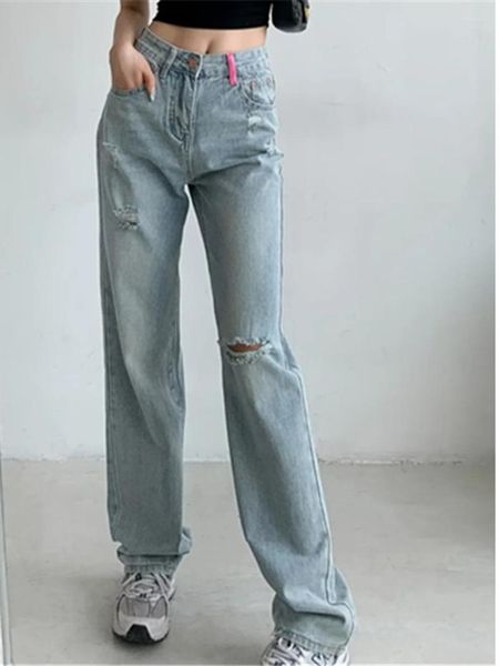 Jeans Femme TVVOVVIN 2023 Été Lavé Sol Balayage Pantalon à Jambes Larges Trous Fendus Usés Couleur Claire I2QB