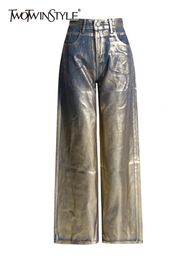 Jeans para mujer Twotwinstyle Colorblock Casual Pantalones sueltos para mujeres Cintura alta Botón empalmado Streetwear Pantalón de pierna recta Moda femenina 231208