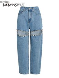Jeans Femme Deuxtwinstyle brodé fusées jean pour femmes taille haute Patchwork bouton évider été large jambe pantalon femme mode NewC24318