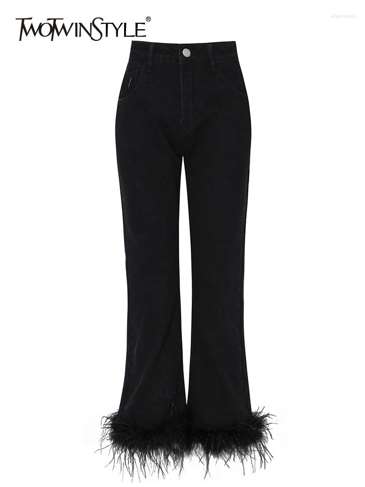 Jeans Femme Twotwinstyle Pantalon minimaliste pour femmes taille haute patchwork plumes lâche pantalon droit femme automne vêtements mode