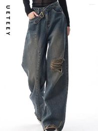 Jeans féminins Ueteey American rétro large jambe baggy streetwear trou pantalon y2k mode 2024 petit ami denim hétéro