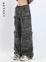 Damesjeans UETEEY Camouflage hoog getailleerde wijde pijpen wijde broek Casual broek Y2k Fashion 2023 Amerikaanse retro denim moeder 231110