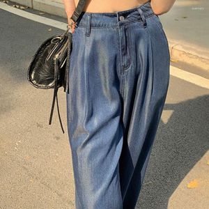 Dames Jeans Ultra Dunne Donkerblauw Hoge Taille Gedrapeerde Wijde Pijpen Denim Broek Vrouwen Zomer Losse Rechte Ijs Zijde Casual Streetwear