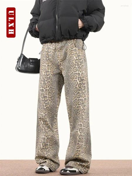 Jeans pour femmes Ulxh Baggy American Style Leopard Print Lavage Femme Y2K Retro Street Girl Pantalon décontracté
