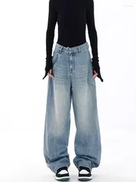 Jeans féminins conception de poche unique à grande jambe fraîche fille haute taille lavage bleu pantalon baggy femelle pantalon décontracté en jean mince