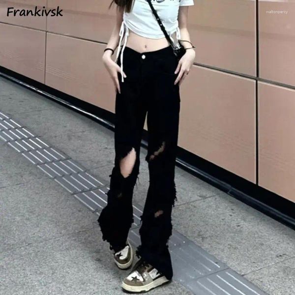 Jeans pour femmes unisexes noires femme vintage de style coréen harajuku été haute taille basique trouble trou de couleur de couleur solide