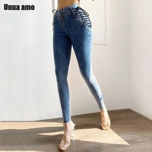 Jeans pour femmes unua amo serre féminin haute taille bandage extensible pantalon crayon skinny 2024 élégant lacet up up sexy mince taille s-5xl