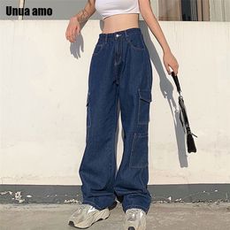 Damesjeans Unua Amo Vintage High Taille Baggy Streetwear Multi Pocket Cargo Pants denim rechte broek Casual 220830