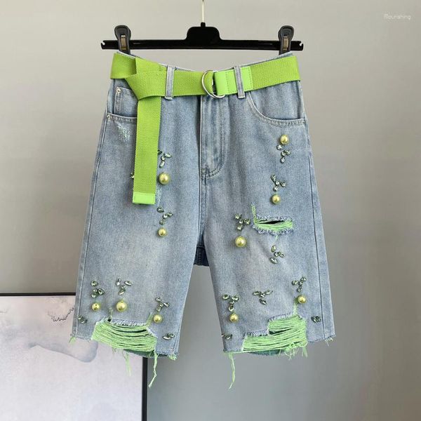 Jeans para mujer URIOR Diamond Pierced Denim Shorts para mujeres 2023 Verano suelto de cintura alta verde hecho a mano Capris con cuentas