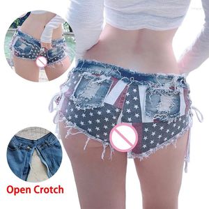Jeans pour femmes USA Flag femme ouverte entre l'entrejambe mini-shorts américains pantalons d'été Ripped Sign Swwear Swwear Zipper Tissu de sexe en plein air