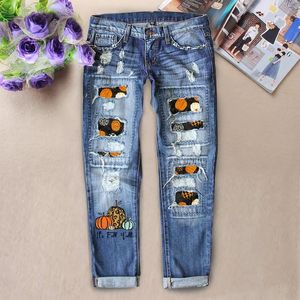 Damesjeans vaqueros k -print gescheurde stretch schattige slanke fit verontruste vernietigde buliftende curvy denim broek mager 14