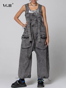 Damesjeans vgh zwart patchwork dual pocket jumpsuit voor dames vierkante kraag mouwloze brede been rechte jumpsuits vrouwelijke mode 221011