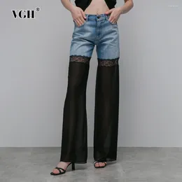 Jeans pour femmes VGH frappe la couleur patchwork dentelle décontractée pour les femmes hautes et les poches épissées streetwear pantalon de jambe large lâche mode féminine