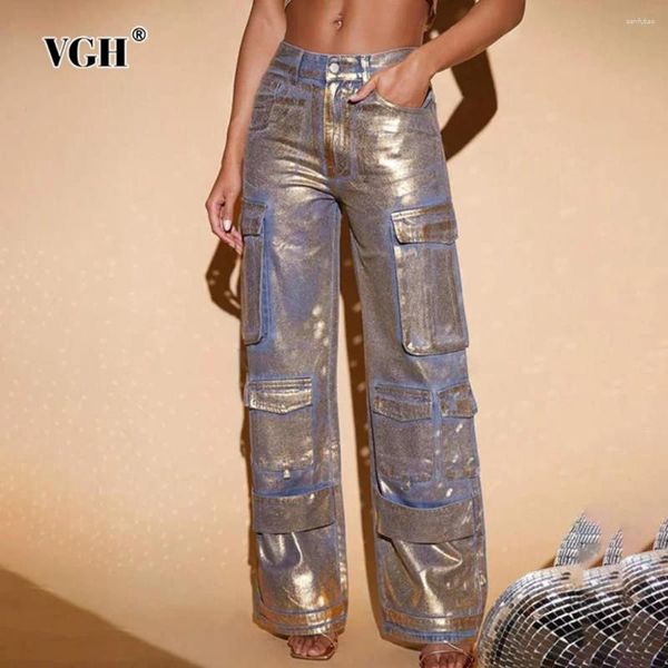 Jeans pour femmes VGH Patchouts solides Pantes de fret Pantalon pour femmes High Splicced Button Streetwear Denim Pantal