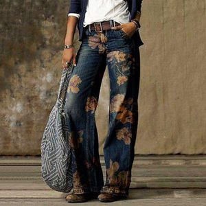 Dames jeans vintage 2023 vrouwen bloemen bedrukte broek casual lange denim broek streetwear 23042222