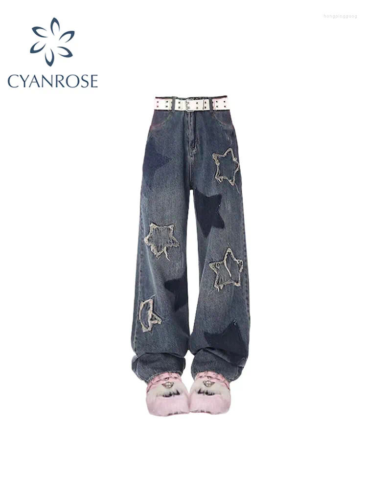 Calças de brim femininas vintage 90s estética cintura alta estrela moda denim calças coreano y2k perna larga baggy cowboy roupas trashy