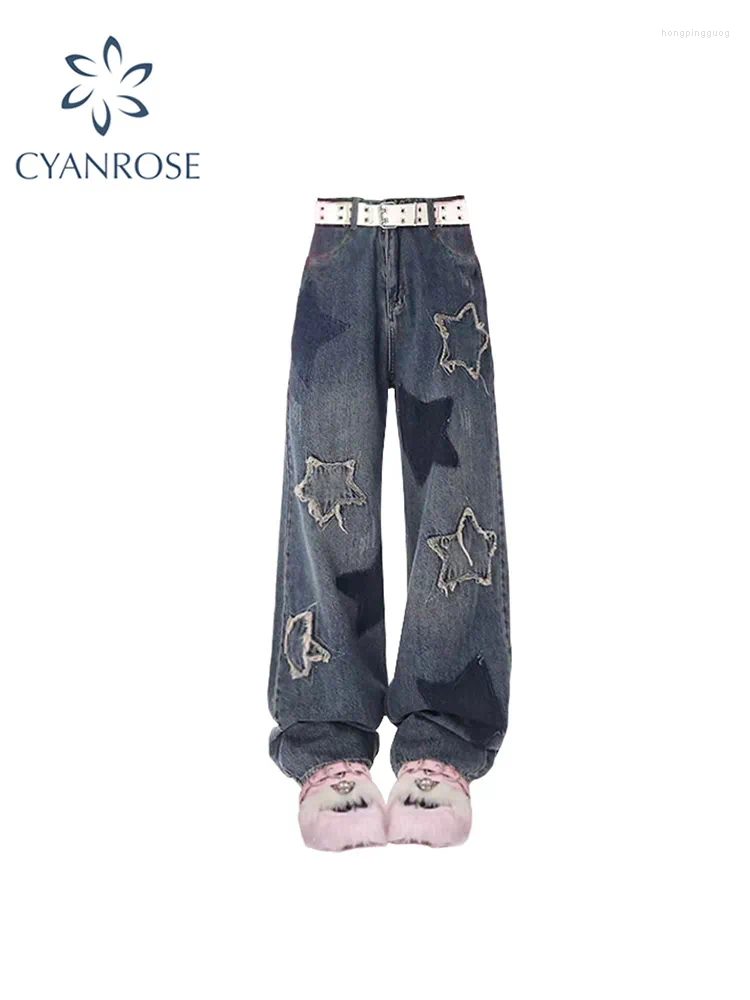 Women's Jeans Vintage 90s Aesthetic High Waist Star Fashion Denim Trousers Korean Y2k Wide Leg Baggy Cowboy Pants Trashy Clothes