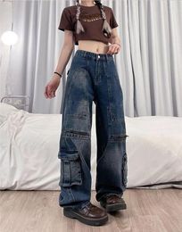 Pantalones vaqueros de mujer Vintage holgados de pierna recta pantalones Cargo pantalones anchos con múltiples bolsillos pantalones desgastados de calle alta estilo americano