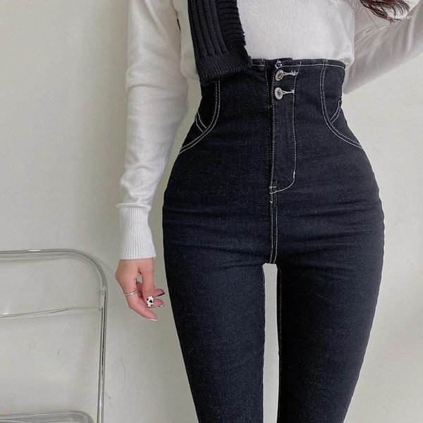 Jeans pour femmes Vintage Noir Skinny Femmes Bouton Up 2023 Printemps Taille Haute Chic Élastique Denim Crayon Pantalon Dames Été Sexy Bas