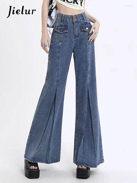 Jeans féminins vintage bleu hauteur taille slim lâche sexy double boutons chic pantalon de jambe large féminin streetwear