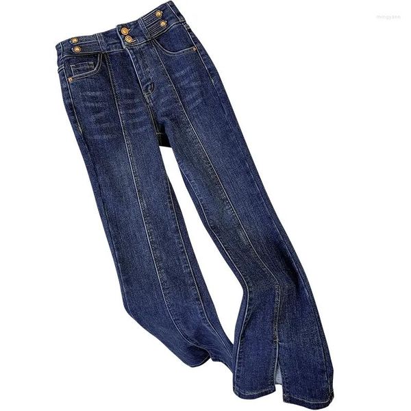 Jeans femme Vintage bleu fendu Flare femmes printemps automne coréen taille haute mince plancher balayage Denim pantalon noir pantalon décontracté
