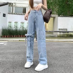 Jeans pour femmes Vintage Bow Lace Up Lâche Casual Femmes 2024 Printemps Taille Haute Tout Match Denim Pantalon Droit
