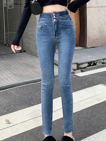 Jean Vintage à boutonnage taille haute pour femme, legging élastique en Denim, Slim, vêtements de mode coréenne, automne 2023