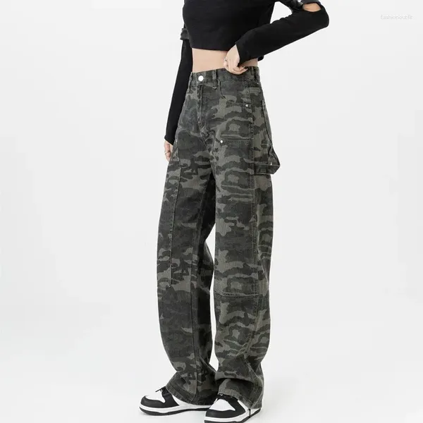 Jeans para mujer Pantalones de carga de camuflaje vintage para mujeres Y2k Hiphop 2023 Otoño Ajuste suelto Cintura alta Pierna recta Ropa de calle de algodón