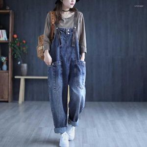 Jeans Femme Vintage Casual Streetwear Grande Poche Lâche Sarouel Salopette Combinaison Femme Style Coréen Baggy Denim Barboteuses Pantalon