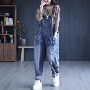 Jeans femeninos Vintage Casual Streetwear Big Pocket Harem Pants Tousmonsuit de estilo coreano Mompers