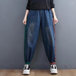 Dames jeans vintage contrast kleur patchwork dames gewassen gekrast denim broek femme elastische taille casual harembroeken herfst 2024