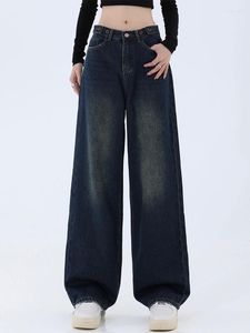 Damen Jeans Vintage Dunkelblaue Modehose Streetwear Hohe Taille Breites Bein Herbst Y2K Baggy Casual Straight Mom Denim Hose