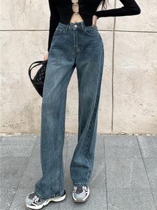 Jeans pour femmes Vintage bleu foncé taille midi femmes 2024 jambe large pantalon en denim décontracté femme pantalon streetwear mode coréenne