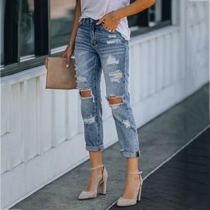 Jeans pour femmes vintage denim solide trou droit pantal