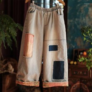 Damesjeans Vintage denim wijde pijpen 2024 Winter Dames patchwork patch losse broek elastische taille plus katoenen warme broek