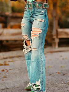 Jeans pour femmes vintage en détresse haute taille trous