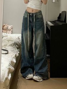 Jeans pour femmes Vintage en détresse lavage cordon jambe large femme surdimensionné lâche décontracté rue mode style coréen pantalon droit 230830