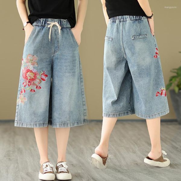 Pantalones vaqueros de pierna ancha de mezclilla bordados Vintage para mujer para verano cintura elástica de gran tamaño con cordón Capris