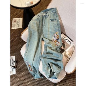 Jeans pour femmes vintage broderie haute taille y2k mode femme vêtements pantalon denim de jambe droite jean baggy grand chic