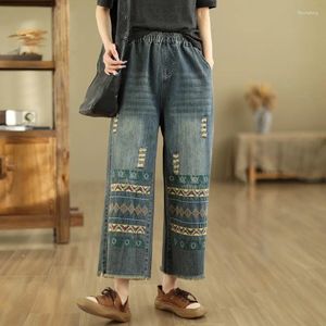 Jeans pour femmes Vintage broderie trou femme 2024 printemps droit blanchi rayé Denim lavé décontracté pantalon à jambes larges